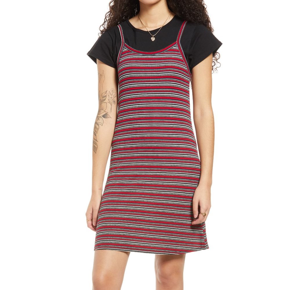 NWT Women's Bp. Stripe Pullover Layered Rib T-Shirt Dress Red Size S $45 G304